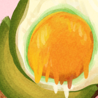 a drawing of a fried egg on top of sliced avocado on a piece of toasted bread.